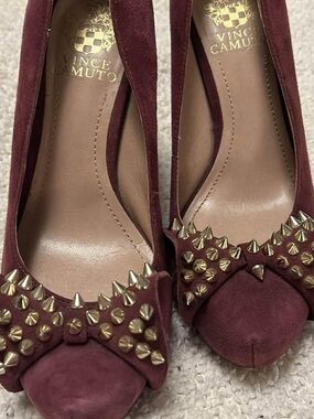 Vince Camuto Burgundy Suede Studded Bow Heels